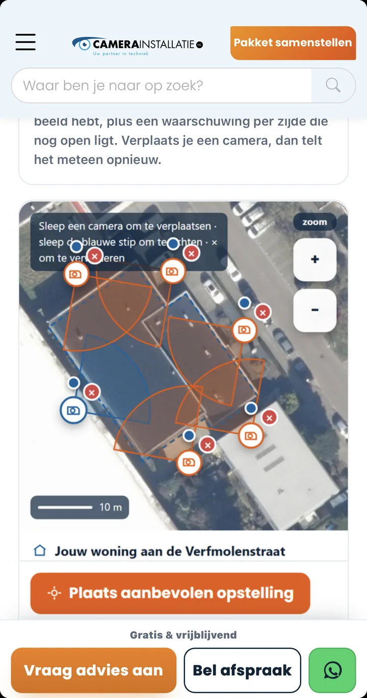 Luchtfoto van een woning waarop camera's versleept kunnen worden, met dekkingshoeken die meebewegen