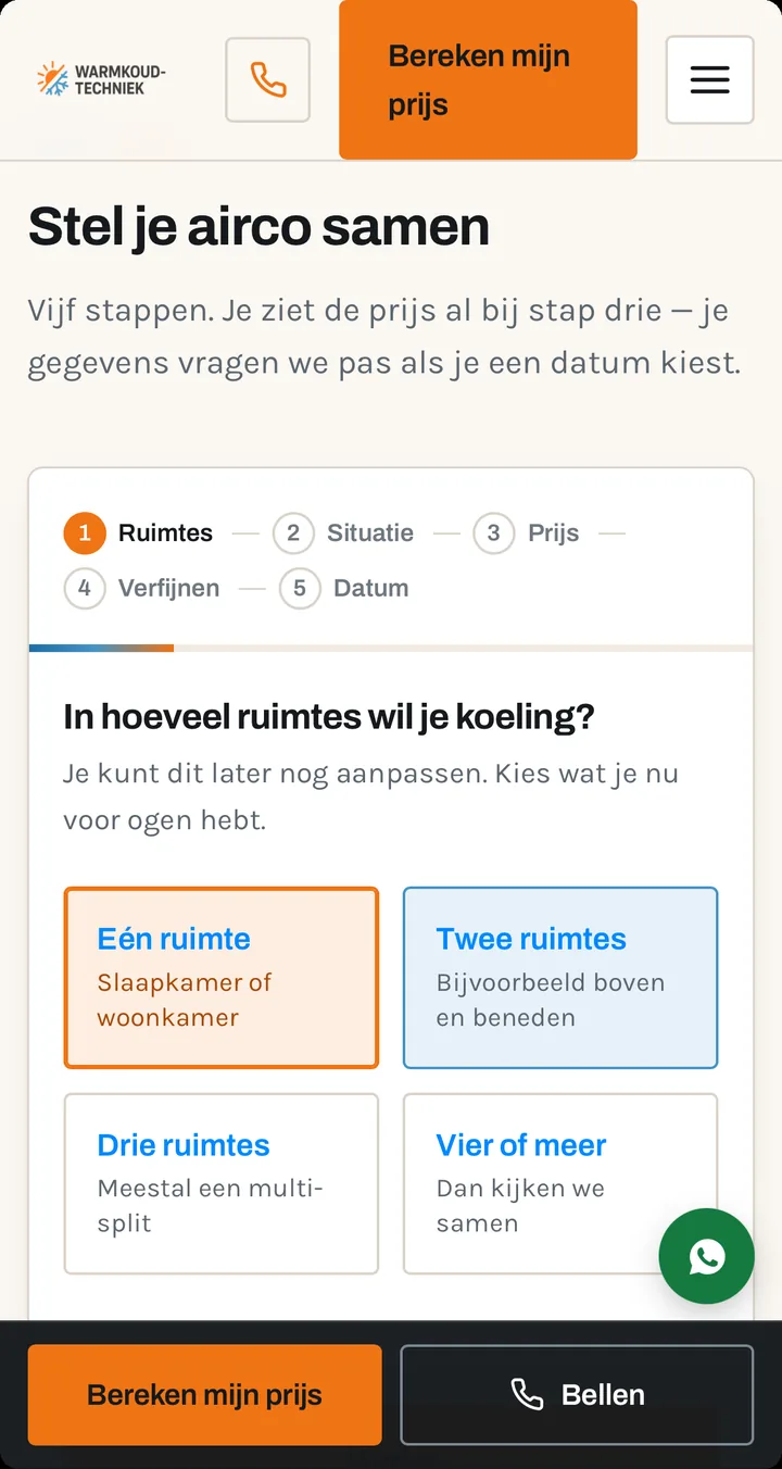 Eerste stap van een rekenhulp waarin ruimtes van een woning worden gekozen